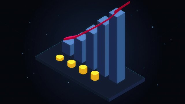 3d animation of multiplying coins and rising red arrow on bar chart, financial growth concept