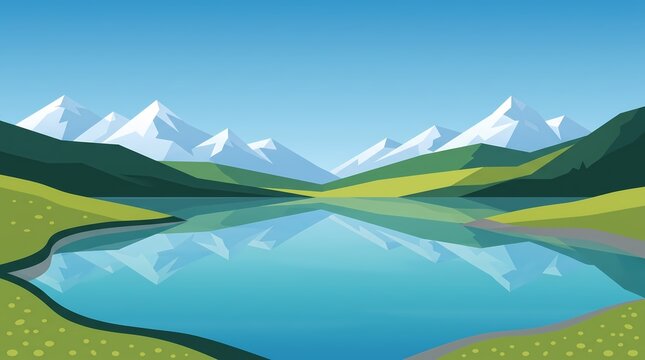 Minimalist mountain lake landscape, serene alpine valley with snow peaks, geometric nature background for travel banner