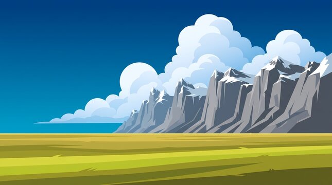 Minimalist mountain landscape illustration, scenic valley with rocky peaks, flat vector nature background for travel banner