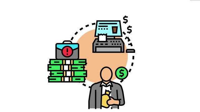 Business strategy concept a cash cow, steady revenue and profit with money flowing from a register to a person and stacks of cash symbolizing ongoing earnings