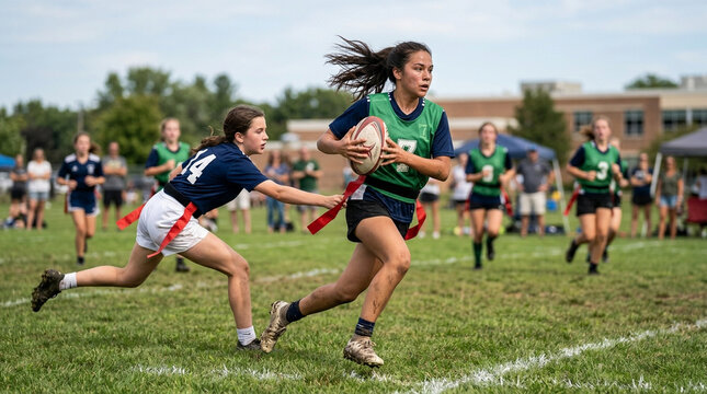 Female tag rugby player dodging opponent field