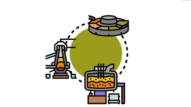 Molten metal pouring into molds and shaping through a continuous casting process, industrial metallurgy and manufacturing operations