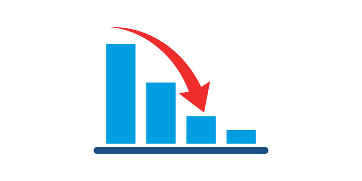 Red arrow pointing down over blue bar graph for financial loss concept.