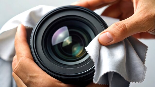 Economy creator concept. Close-up of hands cleaning a camera lens with a microfiber cloth for maintenance and care.