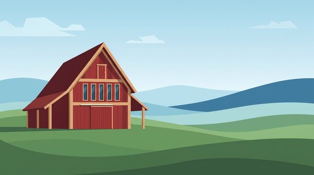 Rustic red barn on green rolling hills, peaceful countryside farm landscape, minimalist vector illustration background