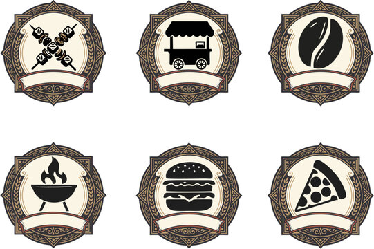 Collection of six vintage food badge logos featuring candy, food cart, coffee bean, barbecue, burger, and pizza symbols for restaurant, cafe, bakery, and food branding.