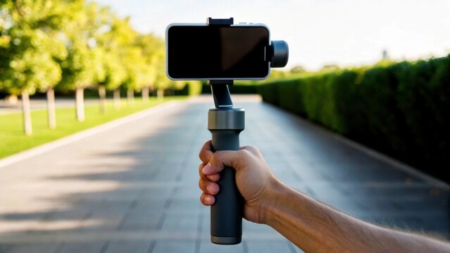 Economy creator concept. Person holding a smartphone mounted on a gimbal stabilizer outdoors on a sunny day.