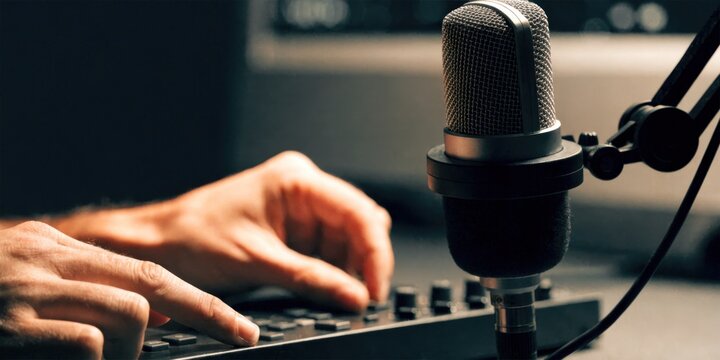 Economy creator concept. Close-up of hands adjusting audio mixer controls next to a professional microphone in a recording studio setting.