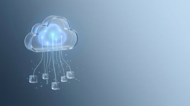 Glass cloud computing icon with data cubes for digital network storage and technology concepts