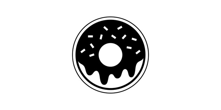 Black donut icon with frosting and sprinkles for dessert food graphics.