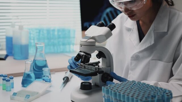 Female scientist working with a microscope and test tubes in a genetics laboratory for medical research and vaccine development