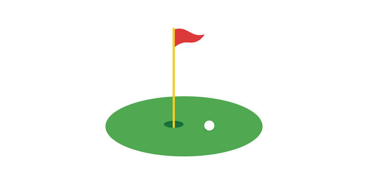 Vibrant golf putting green with red pin flag and ball illustration.