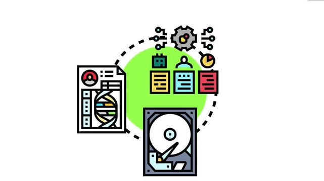 Cataloged data concept with documents, dna, and hard drive elements storage and organization of various digitally processed information types