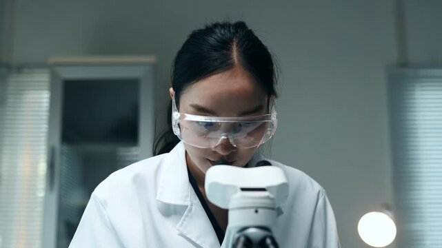 Asian scientist using a microscope for research in a laboratory. Young biochemist analyzing samples for medical testing