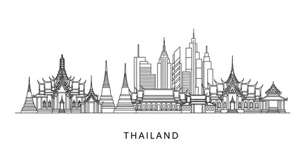 Fototapeta premium Bangkok Skyline Silhouette: Iconic Thai Temples and Modern Architecture