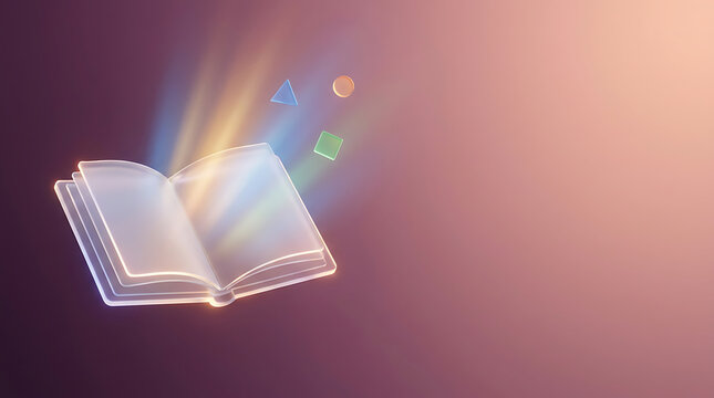 Glowing glass book with floating icons representing digital knowledge and creative ideas