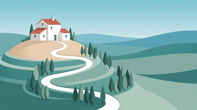 Minimalist Tuscan landscape illustration, winding road leading to a rustic villa on a hill, serene countryside poster art