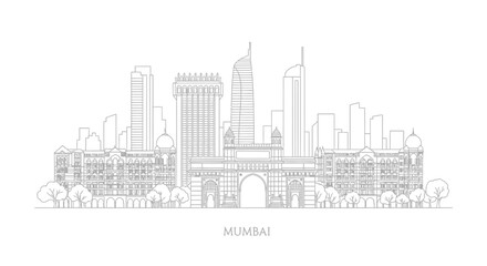 Fototapeta premium Mumbai Skyline Cityscape Landmark Line Art Illustration Isolated