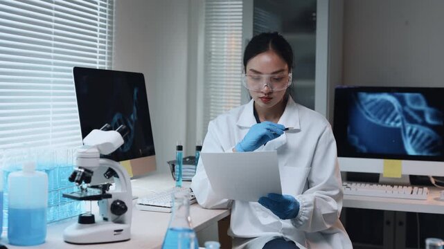 Young female scientist researching DNA data and examining medical documents in a modern laboratory for biotechnology development