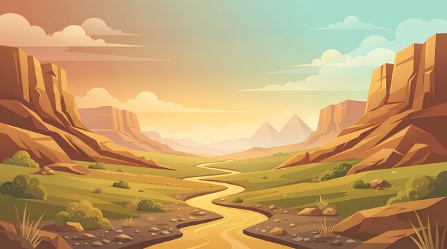 Desert canyon valley landscape, winding river flowing through mountain gorge, scenic wild west nature illustration