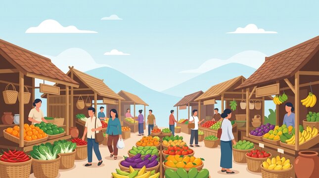 A charming vector illustration of a bustling traditional Asian open-air market with friendly vendors and shoppers surrounded by fresh local produce.