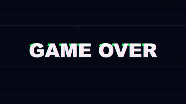Game over text with glitch effect, digital error, corrupted signal, failure screen, retro gaming, losing, end of level, on dark background
