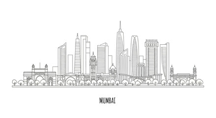 Fototapeta premium Mumbai Skyline Outline Illustration - Famous Indian Cityscape Line Art