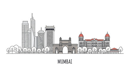Naklejka premium Mumbai Skyline Outline Illustration