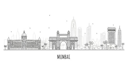 Fototapeta premium Mumbai Skyline Outline with Gateway of India Landmark