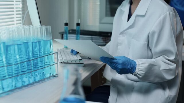 Female scientist typing research data on computer in a modern science laboratory with test tubes holding a report