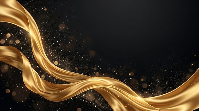 Abstract background with flowing golden silk ribbons and glowing particles on dark surface