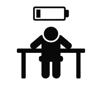 Tired Office Worker, exhausted employee sitting at desk with low battery icon representing fatigue, burnout, stress, and workplace exhaustion