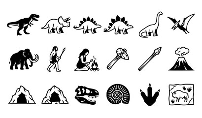 Prehistoric dinosaurs and stone age primitive life black icon set with dinosaurs icons t rex cave painting dinosaur triceratops stegosaurus brachiosaurus pterodactyl footprint © MDRAFIQ