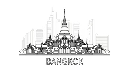 Fototapeta premium Bangkok Skyline Outline: Thai Temple & Modern City Buildings