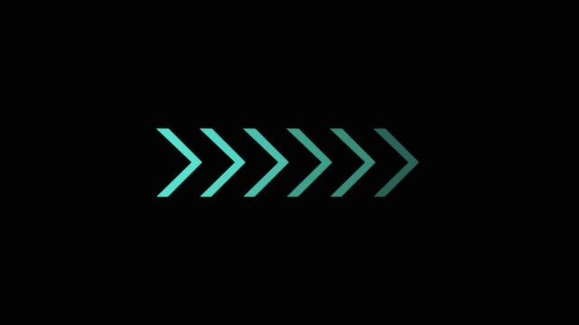 Right-directional mint  arrow loop animation.  swipe forward or right pointing solid  Animated arrows for the overlay video layer. blinking arrow navigation on black  background ,4k video,, 
