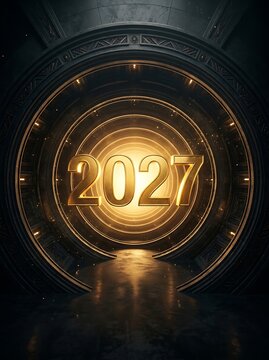 Golden glowing 2027 numbers inside a futuristic circular architectural tunnel portal