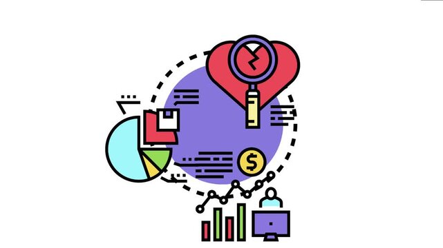 Illustration analyzing a broken heart using a magnifying glass, alongside charts, graphs, and financial symbols, representing thorough examination and solving for an issue