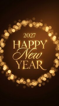 Happy New Year 2027 greeting card with golden glowing circular bokeh lights