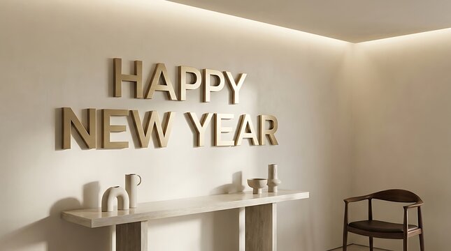 Happy new year gold lettering on a modern minimalist wall interior design