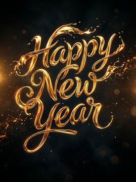 Happy New Year gold metallic fluid lettering greeting card design composition