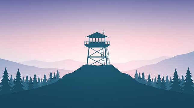 Minimalist forest lookout tower silhouette, scenic mountain landscape at sunrise, serene wilderness background