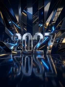 Shiny metallic silver numbers representing the year 2027 against a futuristic abstract geometric background with glowing blue lights