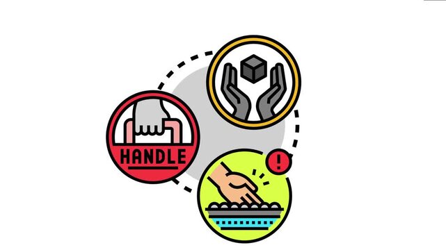 Color warning icons careful treatment and safety instructions for packaging, indicating delicate and fragile items requiring special attention