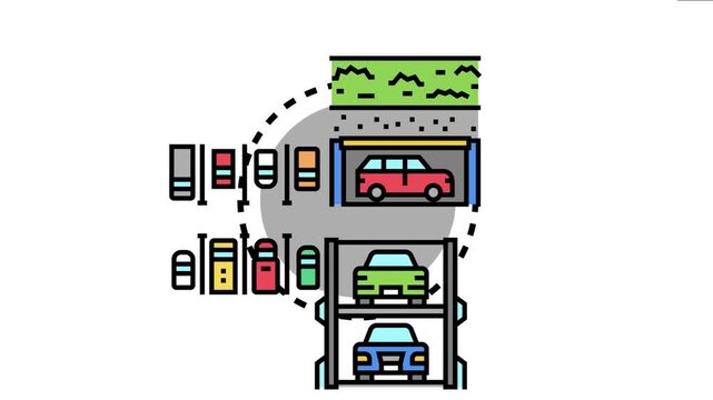 Parking area infrastructure organizing modern cars in designated underground and multi level reserved spaces, urban transport solutions and warning signs