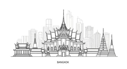 Obraz premium Bangkok Skyline Silhouette: Traditional Thai Architecture and Modern Buildings
