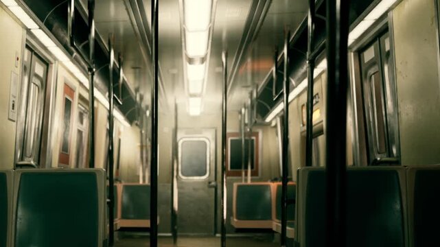 A subway train is seen with empty seats and quiet surroundings. Lights are on, and the door is closed. This scene captures a moment in the city during a less busy hour.