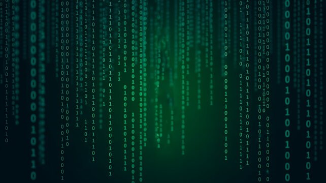Abstract green digital data stream with glowing numbers and binary code on dark background