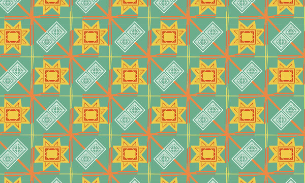 Tribal Sun Geometric Seamless Vector Pattern in Teal Yellow and Orange &mdash; Aztec Folk Repeat