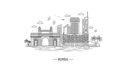 Naklejka premium Mumbai Skyline Landmark Line Art: Gateway of India, Taj Mahal Palace Hotel