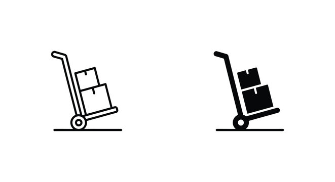 Hand truck with cardboard boxes black line icon set on white background